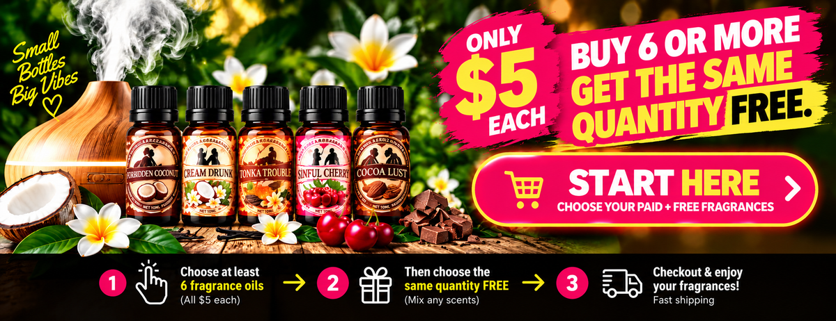Start here: BARGZ fragrance oils, only $5 each. Buy 6 or more and get the same quantity free. Choose your paid and free fragrances in the special offer.