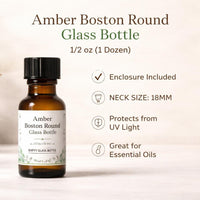 Amber Boston Round Glass Bottles, 1/2 oz (1 Dozen)