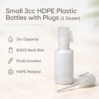 Small 3cc HDPE Plastic Bottles with Plugs (1 Dozen)