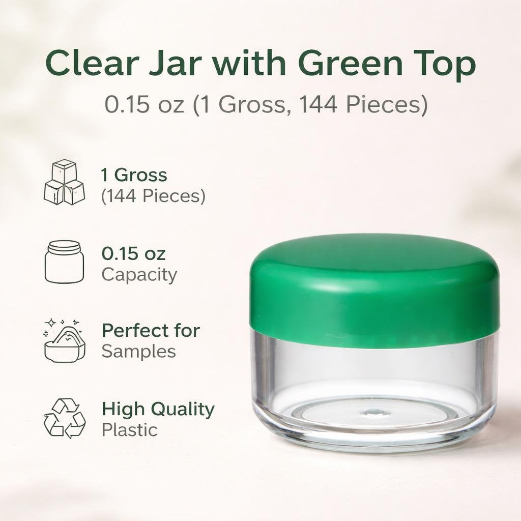 Clear Jar with Green Top, 0.15 oz (1 Gross, 144 Pieces)