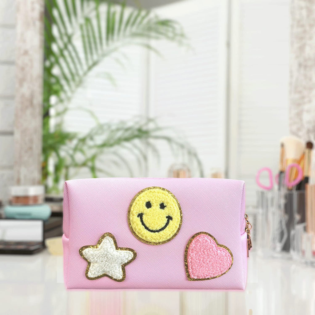 Nylea Preppy Stuff Patch Makeup Bag, PU Leather Smiley Face Makeup Bag Portable Waterproof Small Pouch, Daily Use Travel Cosmetic Pouch for Women Girls Gift (HOT PINK)