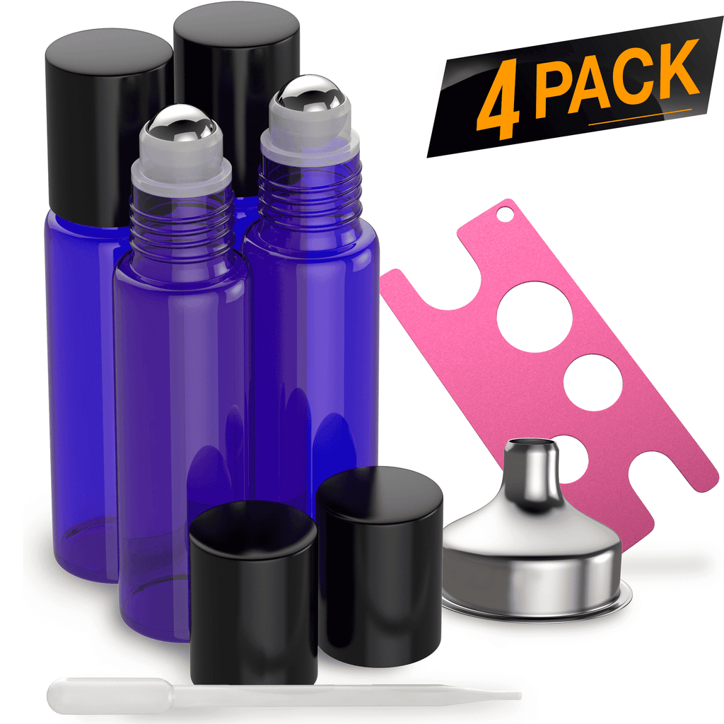 Essential Oil Roller Bottles [Metal Chrome Roller Ball] FREE Plastic Pippette, Funnel and Bottle Opener Refillable Glass Color Roll On for Fragrance Essential Oil - 10 ml 1/3 oz Oil Roller Bottles BargzOils 4 PACK Blue 