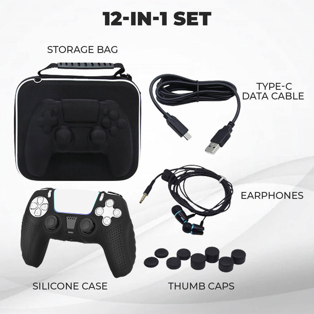 Ortz PS5 Accessories, Playstation 5 Accessories Set, Includes PS5 Headphones, 8 PS5 Analog Thumb Caps, PS5 Type C Data Charging Cable, PS5 Controller Skin and Storage Bag Black 12 in 1