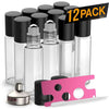 12 Pack - Essential Oil Roller Bottles [Metal Chrome Roller Ball] FREE Plastic Pippette, Funnel and Bottle Opener Refillable Glass Color Roll On for Fragrance Essential Oil - 10 ml 1/3 oz (Clear Color Oil BargzOils 