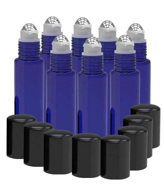 8 Pack - Essential Oil Roller Bottles [Metal Chrome Roller Ball] 10ml Refillable Glass - Frosted Blue Oil BargzOils 