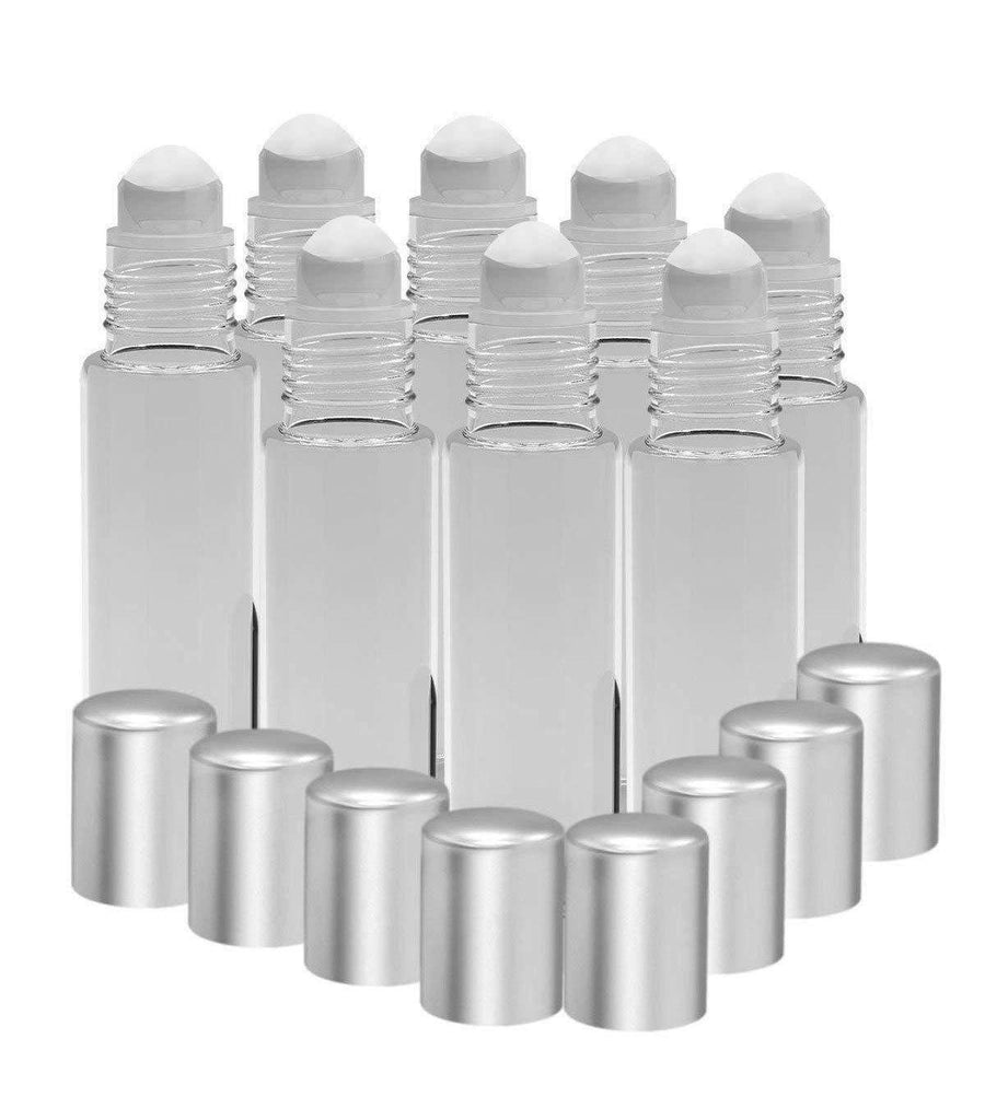8 Pack - Essential Oil Roller Bottles [Plastic Roller] 10ml Refillable Glass - Clear Oil BargzOils 