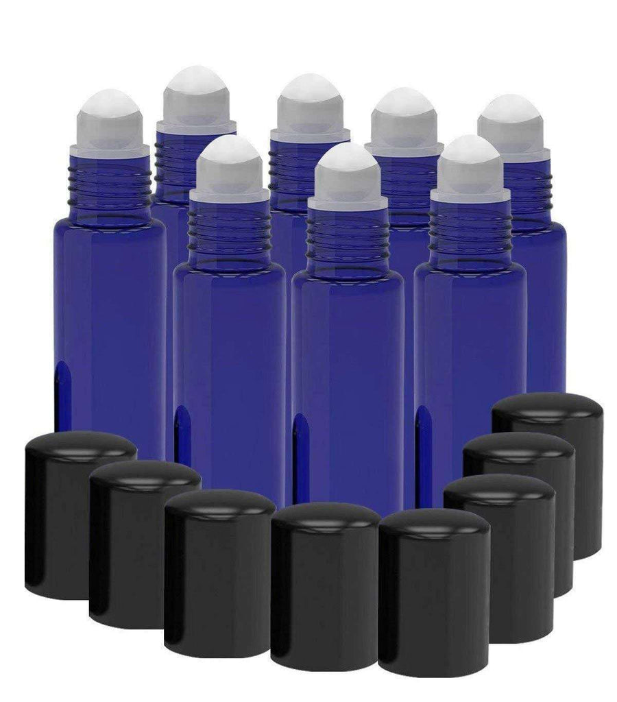 8 Pack - Essential Oil Roller Bottles [PLASTIC ROLLER] 10ml Refillable Glass Color Roll On for Fragrance Essential Oil - Plastic Roller Ball - 10 ml 1/3 oz (Frosted Blue) Oil BargzOils 