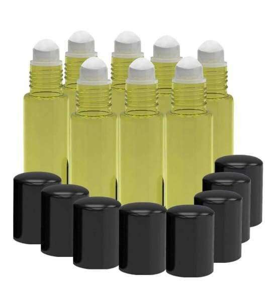 8 Pack - Essential Oil Roller Bottles [PLASTIC ROLLER] 10ml Refillable Glass Color Roll On for Fragrance Essential Oil - Metal Chrome Roller Ball - 10 ml 1/3 oz Yellow Oil BargzOils 