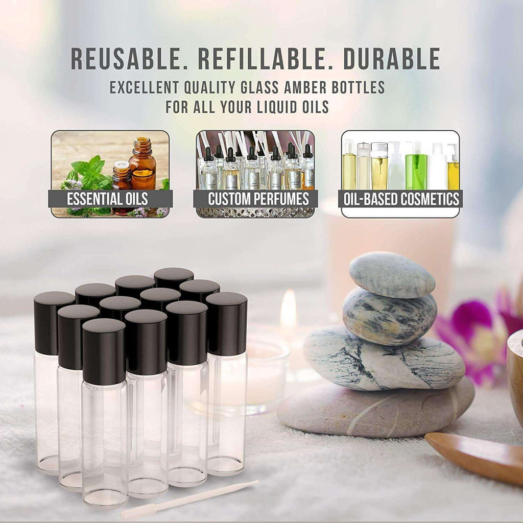 12 Pack - Essential Oil Roller Bottles [Metal Chrome Roller Ball] FREE Plastic Pippette, Funnel and Bottle Opener Refillable Glass Color Roll On for Fragrance Essential Oil - 10 ml 1/3 oz (Clear Color Oil BargzOils 