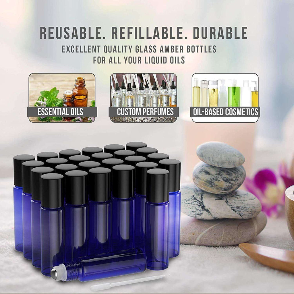 26 Pack - Essential Oil Roller Bottles [Metal Chrome Roller Ball] FREE Plastic Pippette, Funnel and Bottle Opener Refillable Glass Color Roll On for Fragrance... Oil BargzOils 