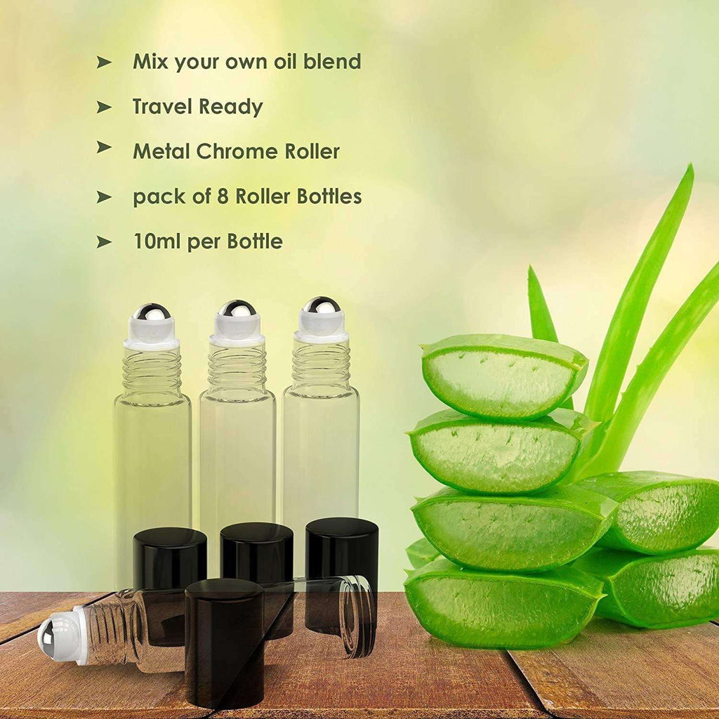 8 Pack - Essential Oil Roller Bottles [Metal Chrome Roller Ball] 10ml Refillable Glass Color Roll On for Fragrance Essential Oil (Clear Color) Oil BargzOils 