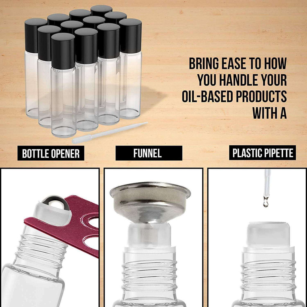 20 Pack - Essential Oil Roller Bottles [Metal Chrome Roller Ball] FREE Plastic Pippette, Funnel and Bottle Opener Refillable Glass Color Roll On for Fragrance... Oil BargzOils 