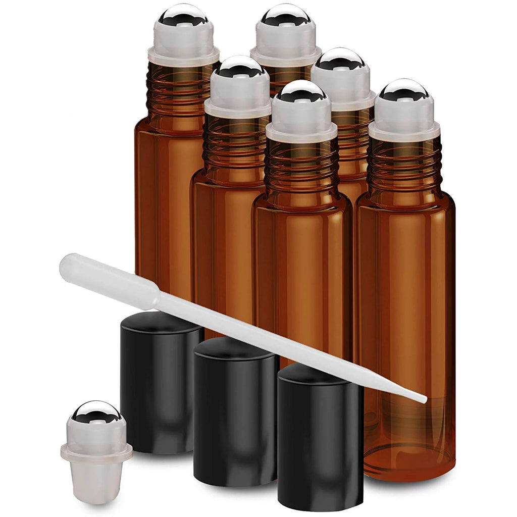 6 Pack - Essential Oil Roller Bottles [Metal Chrome Roller Ball] FREE Plastic Pippette Refillable Glass Color Roll On for Fragrance Essential Oil - 10 ml 1/3 oz (Amber)