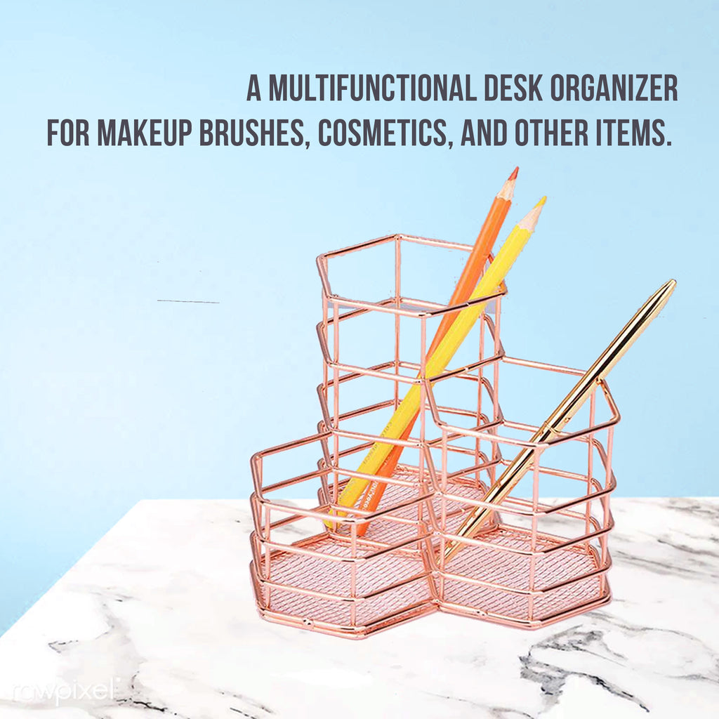 Makeup Brush Holder Hexagon Vase Metal Mesh Basket Desk Organizer Wire Golden Pen Pencil Hot Hollow Holder Beauty Makeup Kit