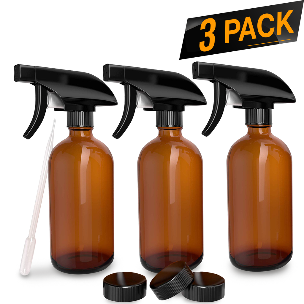 Nylea 3 Pack Refillable 8 oz Empty Amber Glass Spray Bottles [Free Phenolic Cap and Pipette] Great for Cleaning Solutions, Hair, Essential Oils, Plants - Trigger Sprayer with Mist and Single Mode