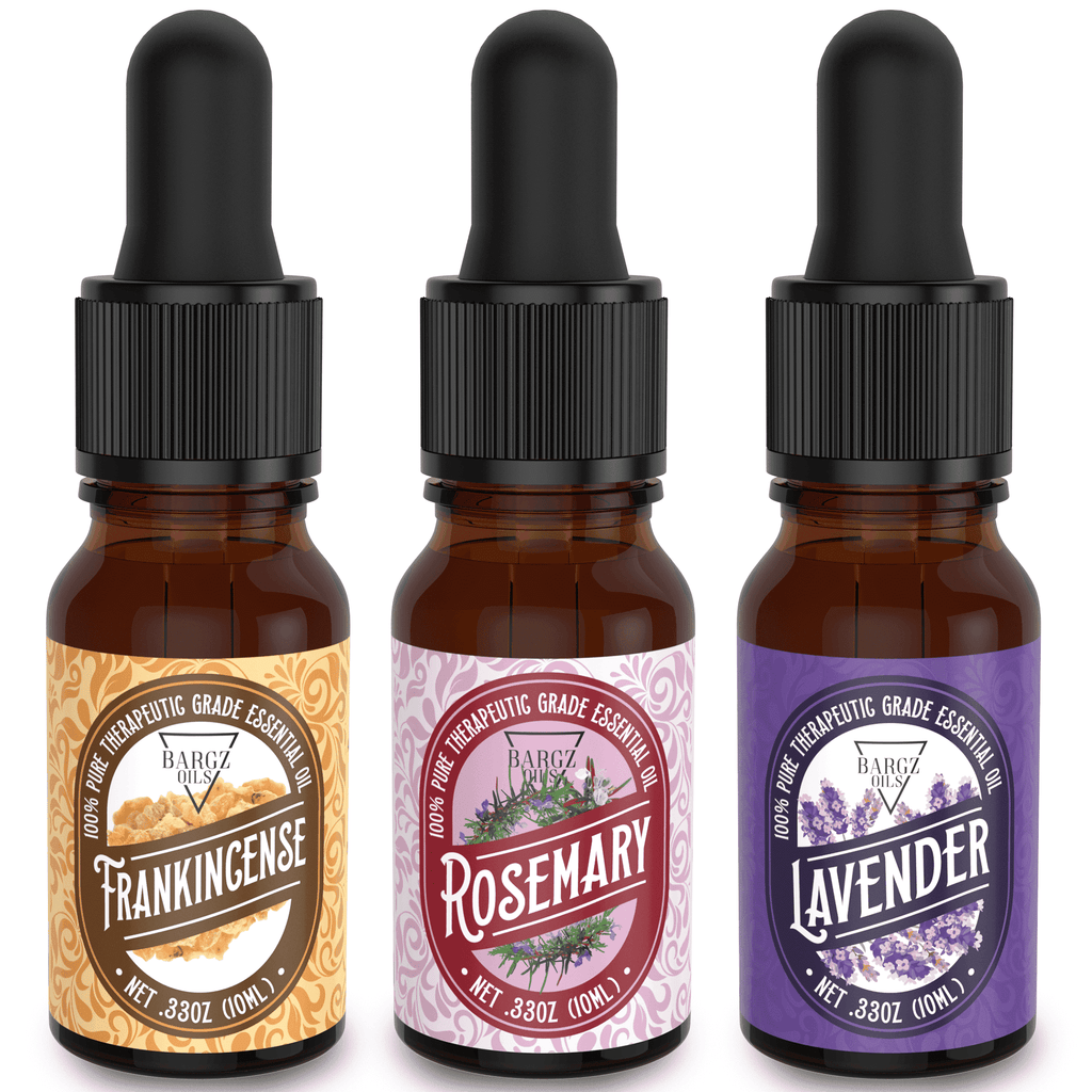 3 Pack Essential Oil Set [FRANKINCENSE, ROSEMARY, LAVENDER] - Glass Amber Bottle Organic Pure Therapeutic French for Diffuser, Aromatherapy, Headache, Pain, Sleep-Perfect For Candles Massage 10ml Oil BargzOils 