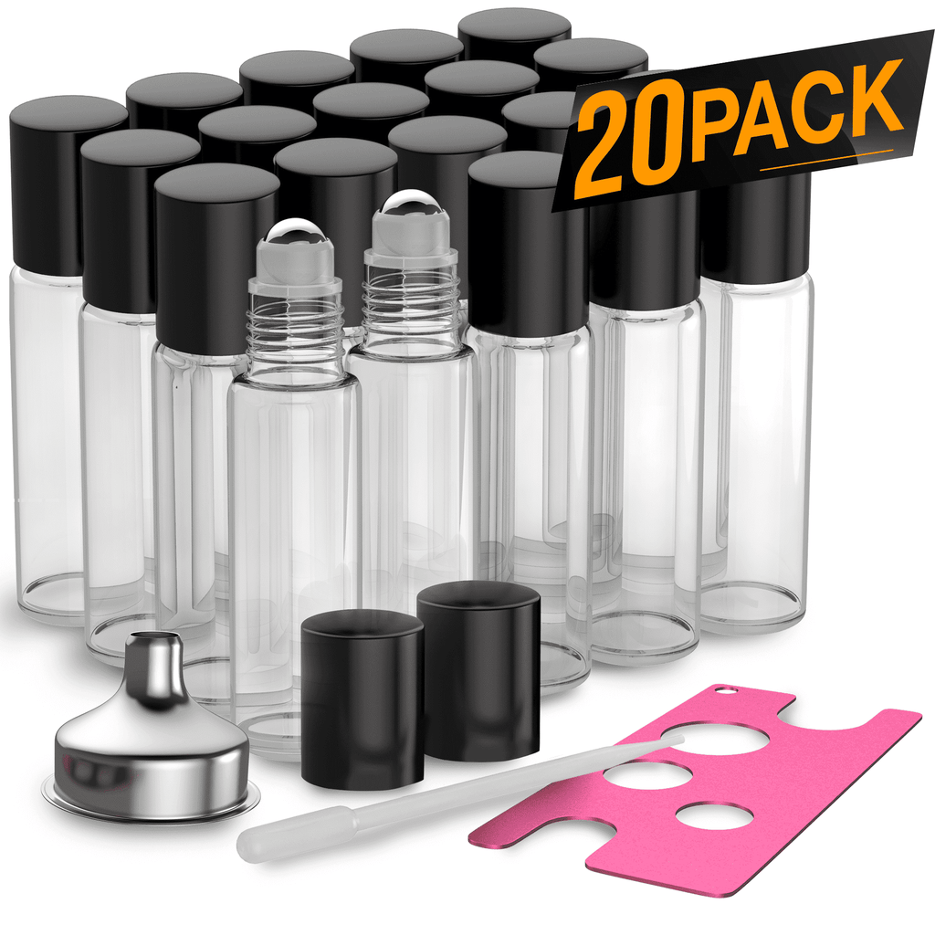 Essential Oil Roller Bottles [Metal Chrome Roller Ball] FREE Plastic Pippette, Funnel and Bottle Opener Refillable Glass Color Roll On for Fragrance Essential Oil - 10 ml 1/3 oz Oil Roller Bottles BargzOils 20 PACK Clear 
