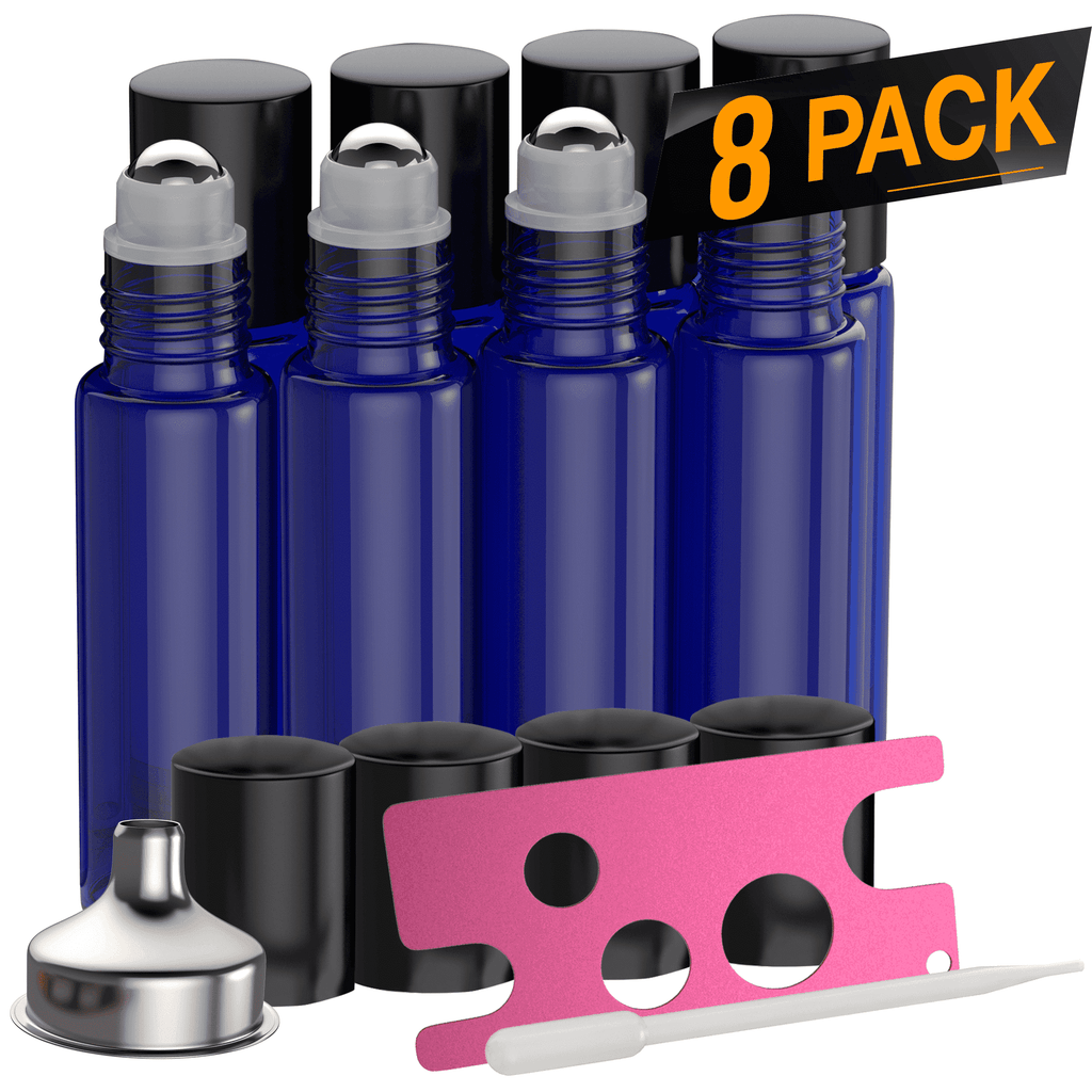 Essential Oil Roller Bottles [Metal Chrome Roller Ball] FREE Plastic Pippette, Funnel and Bottle Opener Refillable Glass Color Roll On for Fragrance Essential Oil - 10 ml 1/3 oz Oil Roller Bottles BargzOils 8 PACK Blue 