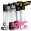 Essential Oil Roller Bottles [Metal Chrome Roller Ball] FREE Plastic Pippette, Funnel and Bottle Opener Refillable Glass Color Roll On for Fragrance Essential Oil - 10 ml 1/3 oz Oil Roller Bottles BargzOils 8 PACK Clear 