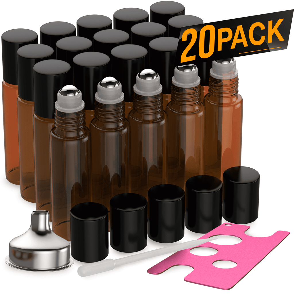 Essential Oil Roller Bottles [Metal Chrome Roller Ball] FREE Plastic Pippette, Funnel and Bottle Opener Refillable Glass Color Roll On for Fragrance Essential Oil - 10 ml 1/3 oz Oil Roller Bottles BargzOils 20 PACK Amber 