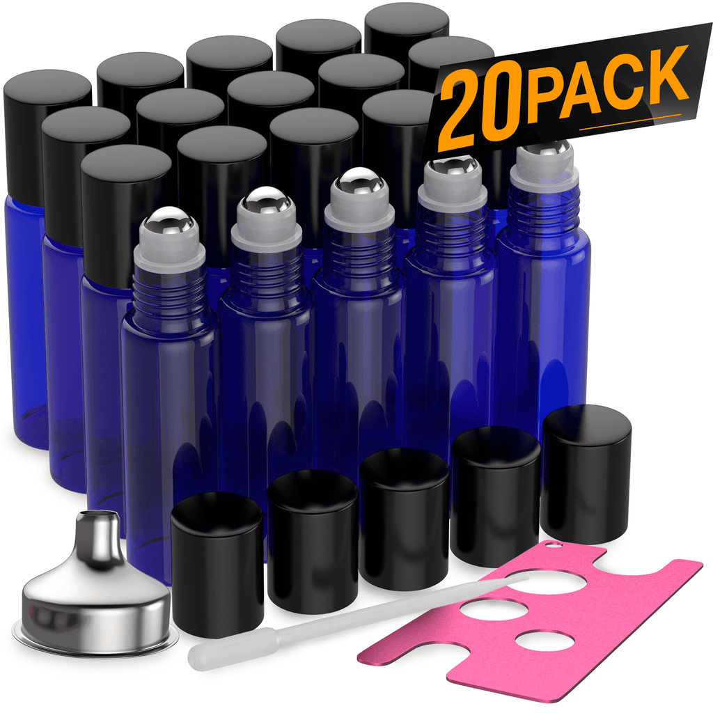 Essential Oil Roller Bottles [Metal Chrome Roller Ball] FREE Plastic Pippette, Funnel and Bottle Opener Refillable Glass Color Roll On for Fragrance Essential Oil - 10 ml 1/3 oz Oil Roller Bottles BargzOils 20 PACK Blue 