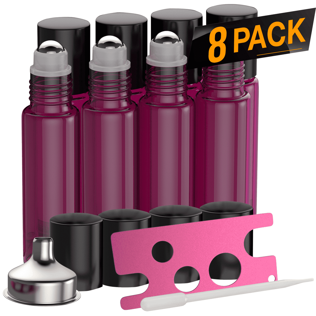 Essential Oil Roller Bottles [Metal Chrome Roller Ball] FREE Plastic Pippette, Funnel and Bottle Opener Refillable Glass Color Roll On for Fragrance Essential Oil - 10 ml 1/3 oz Oil Roller Bottles BargzOils 8 PACK Purple 