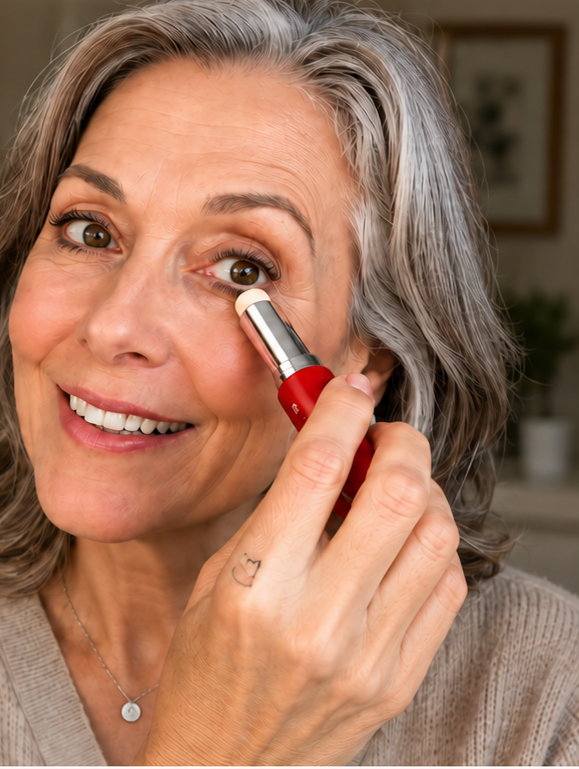 Customer applying BrightEyes Age-Defying Eye Stick under her eye